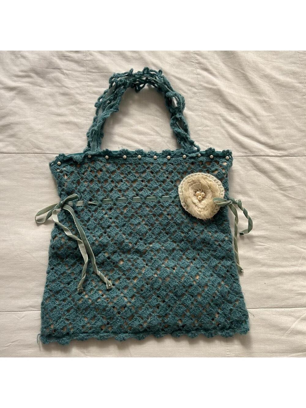 Cache Cache Teal Crochet Tote Bag Ribbon Bows Pearl Rosette Japan